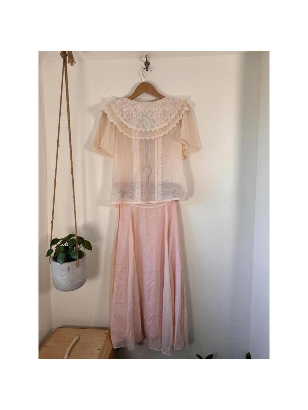 Gunne Sax 2 Piece Set Pink Prairie Cottagecore Lace Blouse Midi Skirt Vintage XS